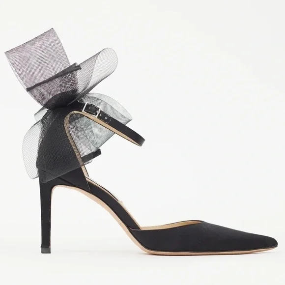 Jimmy Choo Averly 100 Black Mesh Bow Satin Pointed Toe Stiletto Heel Pumps - Picture 4 of 9
